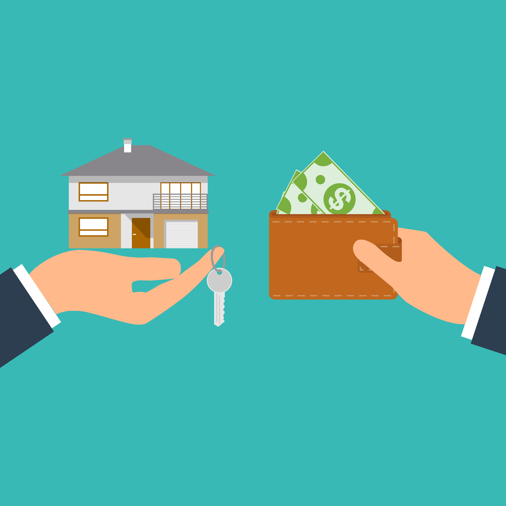 Buying house. Agent of real estate holding in hand house, key. Buyer, customer gives money bag. Deal sale and purchase of real, concept. Vector illustration flat design.